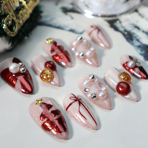 10pcs Handmade Christmas Press On Nails Glitter Orange Pink Fake Nail Tips With Red Xmas Tree Pearl Decor Artificial False Nails