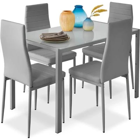 5-Piece Glass Dining Set, Kitchen Table for Dining Room, Dinette, Compact Space-Saving w/Glass Tabletop, 4 Upholstered PU Chairs
